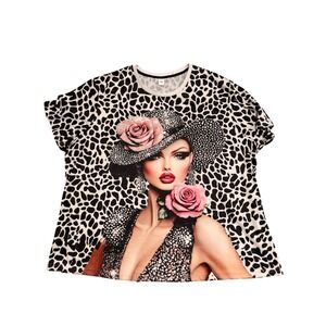 Womens Leopard Print Graphic T-Shirt Pink Rose Glamour Portrait Top 5XL